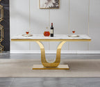 SSLine 68'' Marble Dining Table,Luxury Rectangular Kitchen Dining Room Table,Dining Table for 4-8 People with Gold U-Shape Stainless Steel Base for Kitchen Apartment