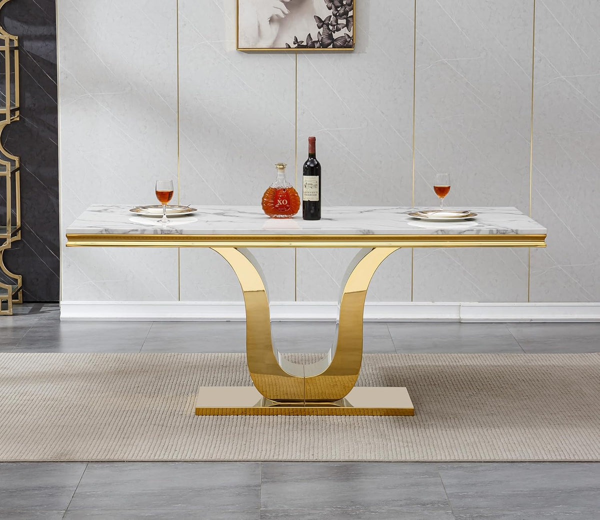 SSLine 68'' Marble Dining Table,Luxury Rectangular Kitchen Dining Room Table,Dining Table for 4-8 People with Gold U-Shape Stainless Steel Base for Kitchen Apartment