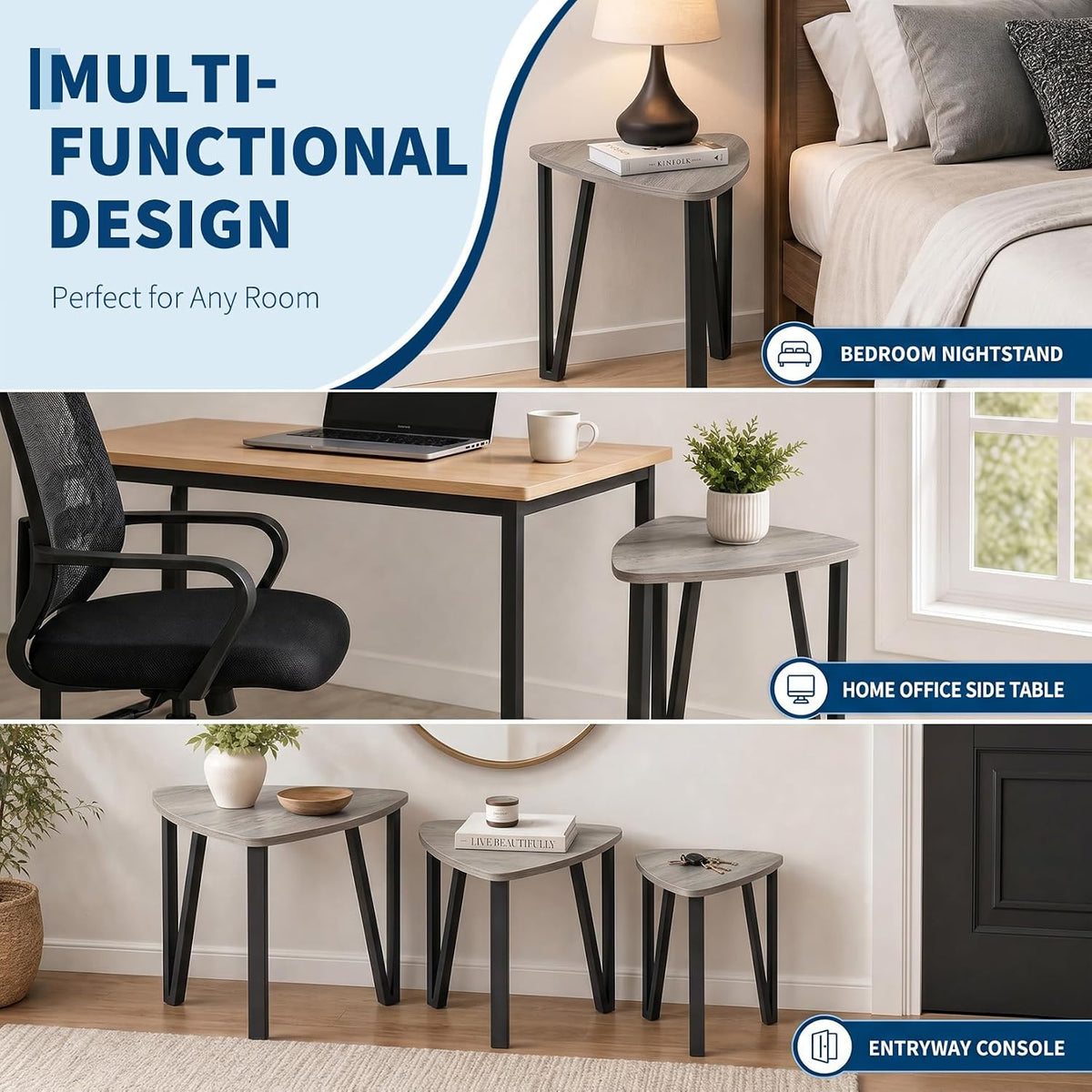 Nesting Coffee Tables Set of 3,Rustic Industrial Triangle Side End Table for Home