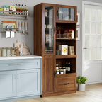 Walnut Kitchen Hutch Cabinet, Farmhouse Buffet Sideboard with Coffee Bar | Slide out tray, clear glass doors, open microwave counter, large bottom drawer, tall pantry cupboard, storage unit
