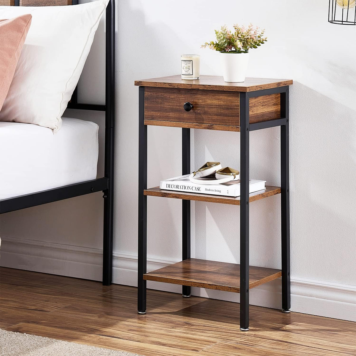 VECELO Tall End Table Set of 2,Nightstand with Drawer and Adjustable Storage Shelf,27.6 inch Side Table for Living Room/Bedroom/Entryway Small Spaces