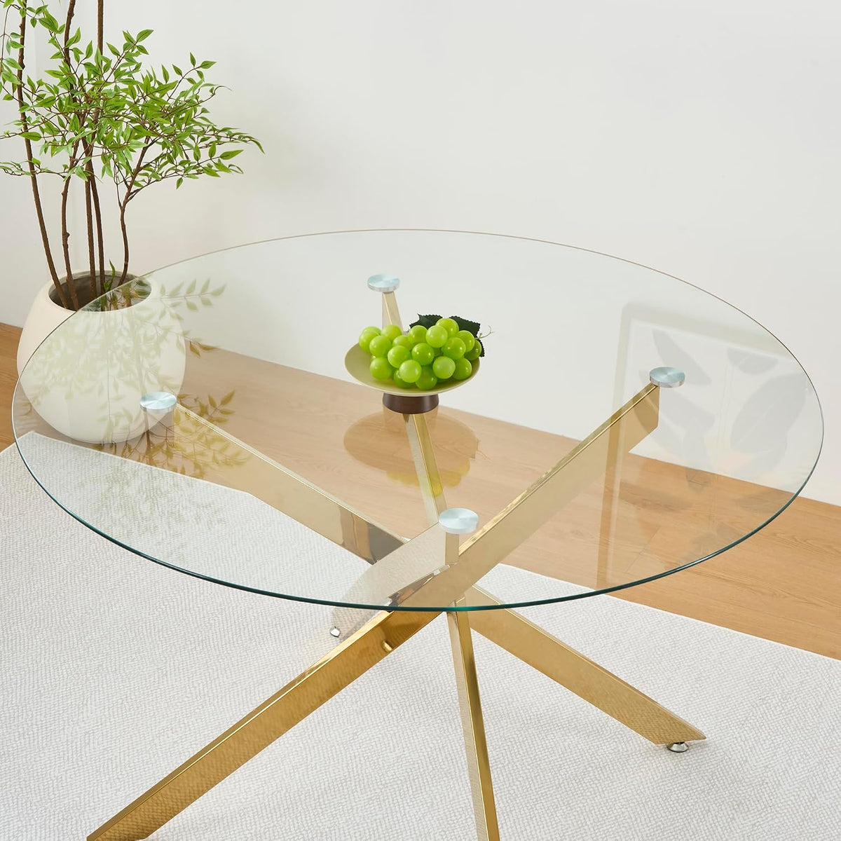 Round Glass Dining Room Table Set for 6, 7-Piece Dining Table Set with 47.2" Circle Gold Glass Dinner Table & 6 Beige Velvet Tufted Chairs, Modern Kitchen Table Set for Apartment Home Office