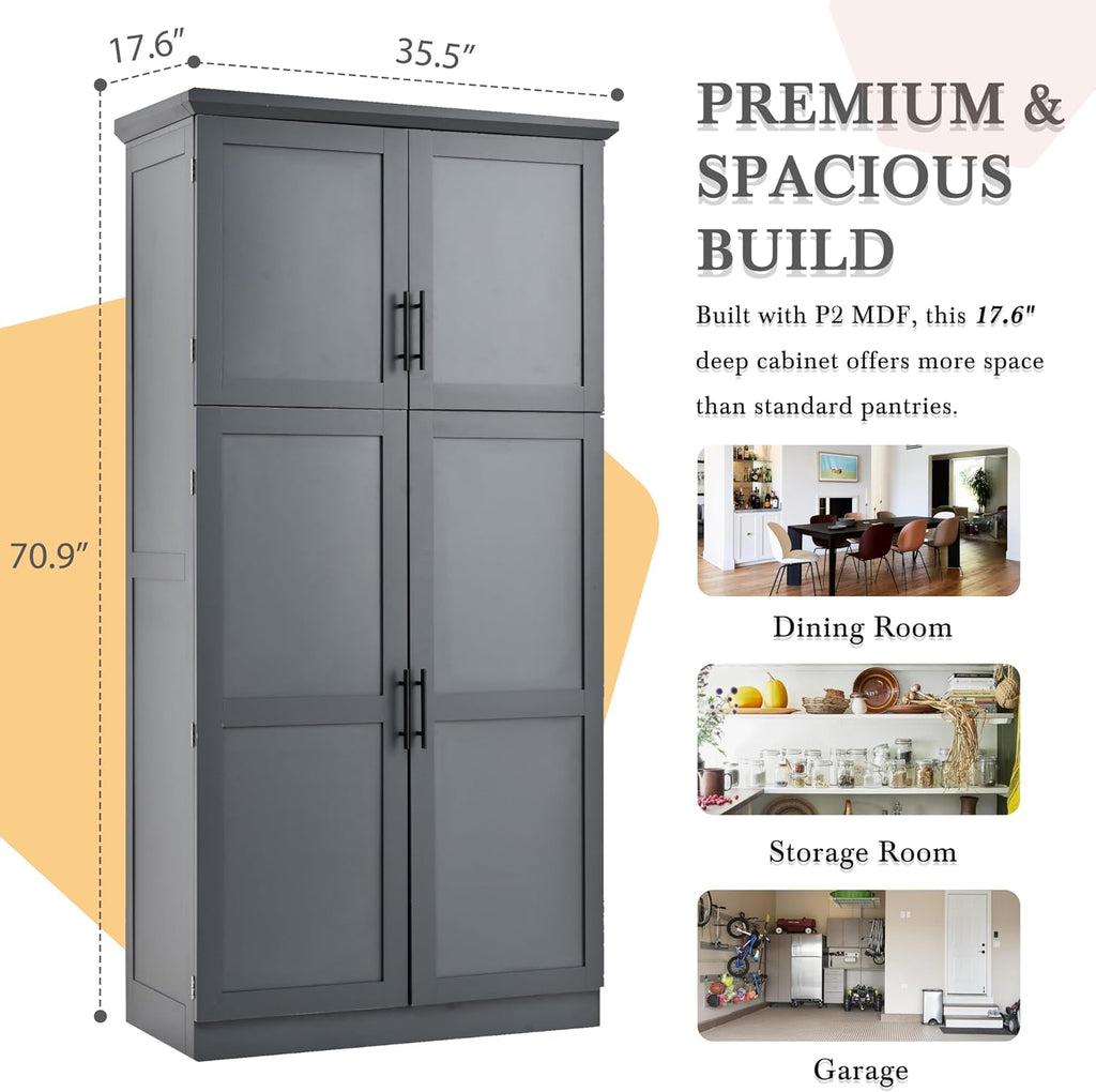 71" Tall Kitchen Pantry Cabinet with 4 Doors, 8 Pull-out Trays (Gray) | Adjustable Shelves, Freestanding Storage Cabinet for Kitchen Dining Room Living Room, Anti-Tip Design