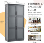 71" Tall Kitchen Pantry Cabinet with 4 Doors, 8 Pull-out Trays (Gray) | Adjustable Shelves, Freestanding Storage Cabinet for Kitchen Dining Room Living Room, Anti-Tip Design