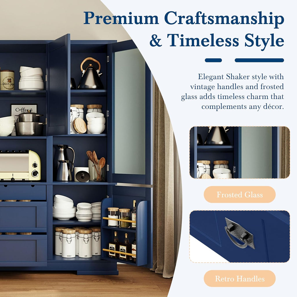 LUMISOL 78" Tall Kitchen Pantry Cabinet with Hutch and Drawers, Modern Kitchen Hutch with Door Shelf and Adjustable Shelves, Large Food Pantry Storage Cabinet for Kitchens,Dining Room, Blue