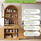 Farmhouse Pantry Cabinet w/Charging Station, Oak | Adjustable Shelves & Open Countertop, Cup Holder & 2 Drawers 75" Tall Arched Coffee Bar for Kitchen Dining Room Living Room