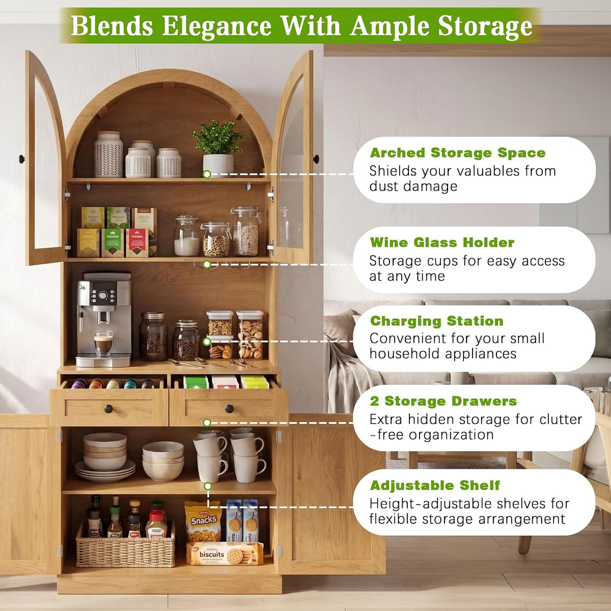 Farmhouse Pantry Cabinet w/Charging Station, Oak | Adjustable Shelves & Open Countertop, Cup Holder & 2 Drawers 75" Tall Arched Coffee Bar for Kitchen Dining Room Living Room