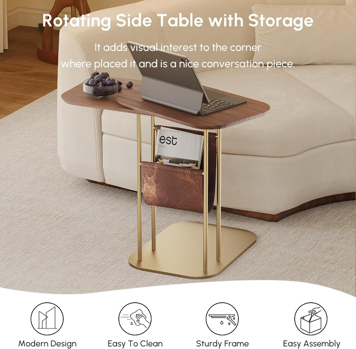 LOVEDIMA C-Shaped Walnut & Gold Rotating Side Table with Storage - 360° Swivel Top,Built-in Magazine Rack,Modern End Table for Sofa/Bedside