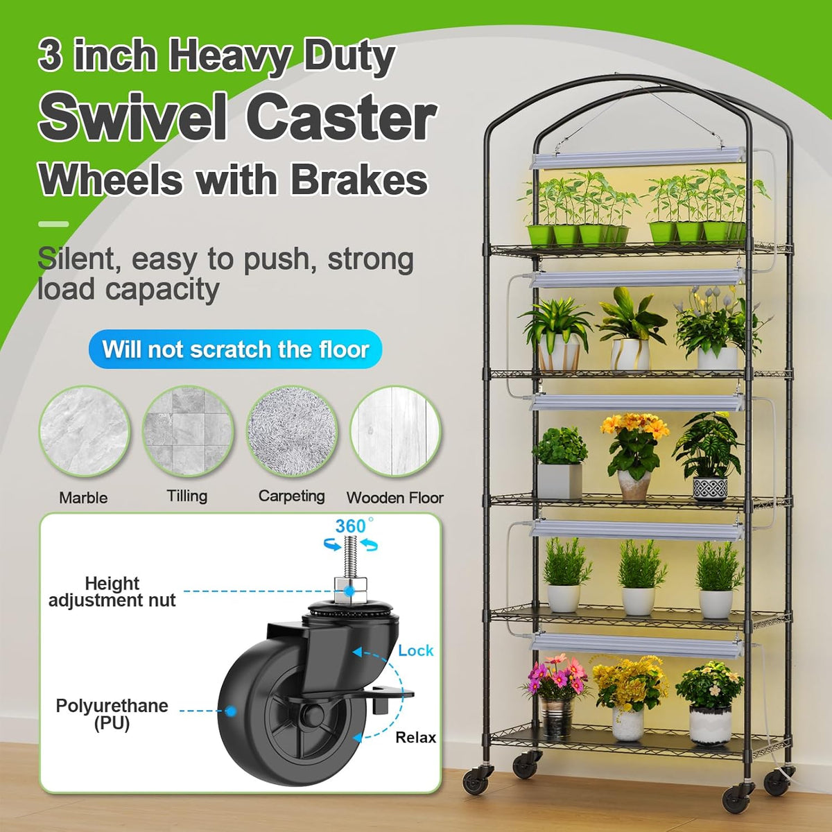 Abimars 5-Tier Greenhouse with Grow Light, Shelf Height Adjustable Metal Plant Shelf with PVC Cover and Wheels, Includes 5-Pack 2900K Full Spectrum Plant Lights, 13x29x73inch