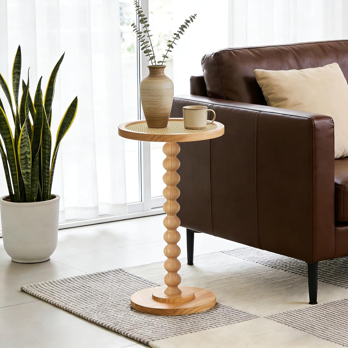 COVLON Solid Wood Drink Table, Small Pedestal Side Table for Small Spaces, Round Rattan Accent End Table Nightstand with Decorative Ball Legs for Living Room, Bedroom, Office, Corners