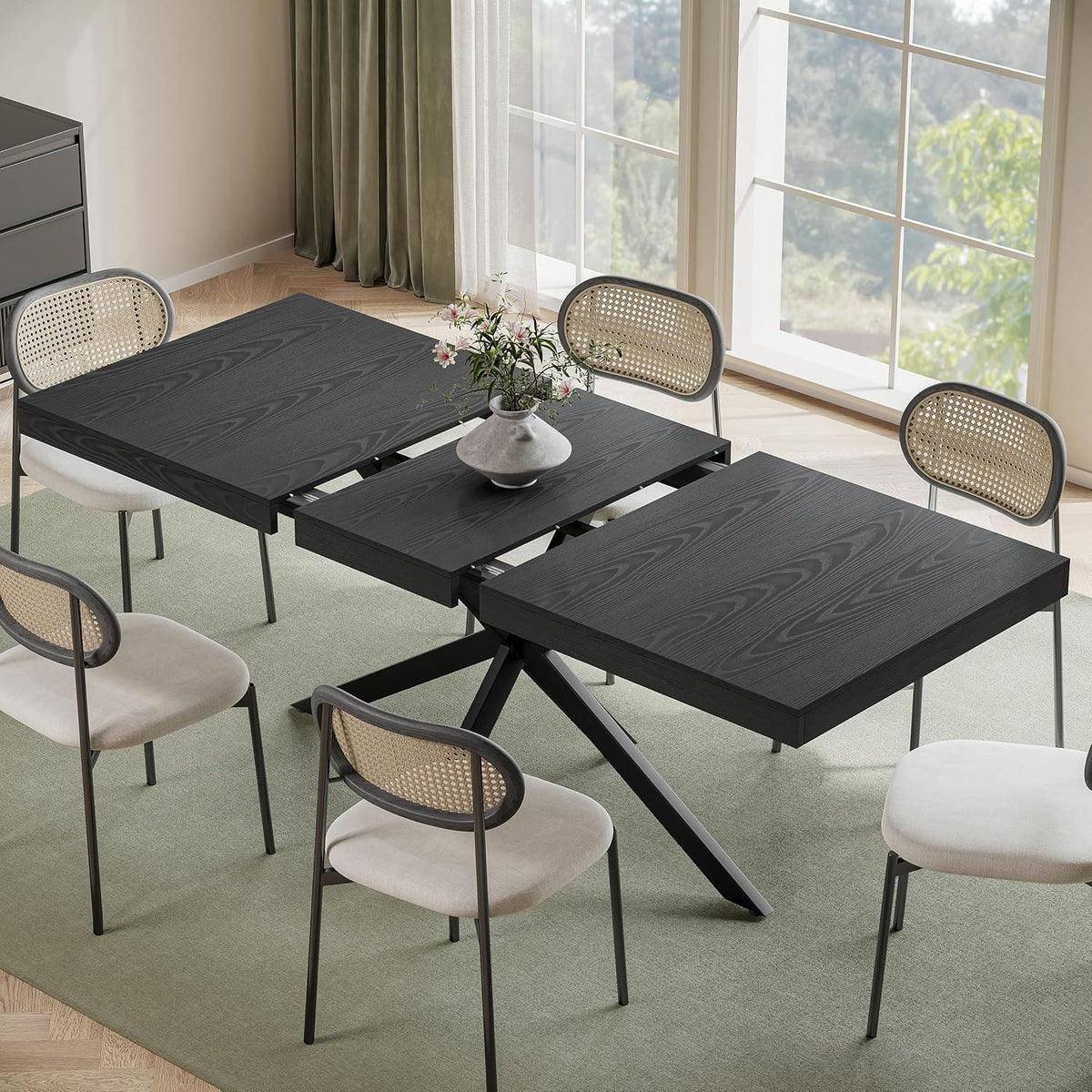 Extendable Dining Table for 4 6 8, 55"-70.9" Black Kitchen Table, Wood Rectangle Expandable Dining Room Table with Hidden Storage, Space Saving, for Kitchen Dining Living Room, Modern