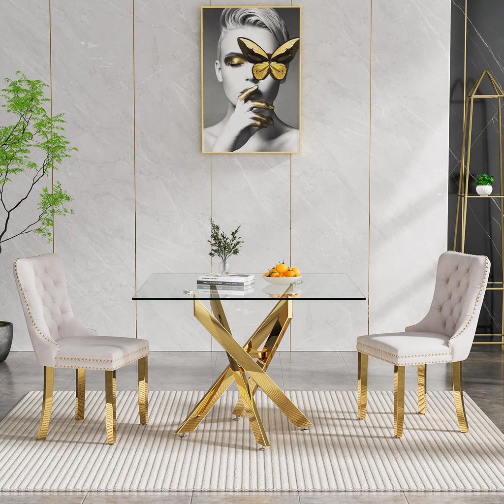 Henf 36'' Tempered Glass Dining Table for 2-4 People, Square Kitchen Table with Gold X-Base Metal Legs, Adjustable Feet, Glass Desk for Small Space, Gold Square Dining Room Table for 4