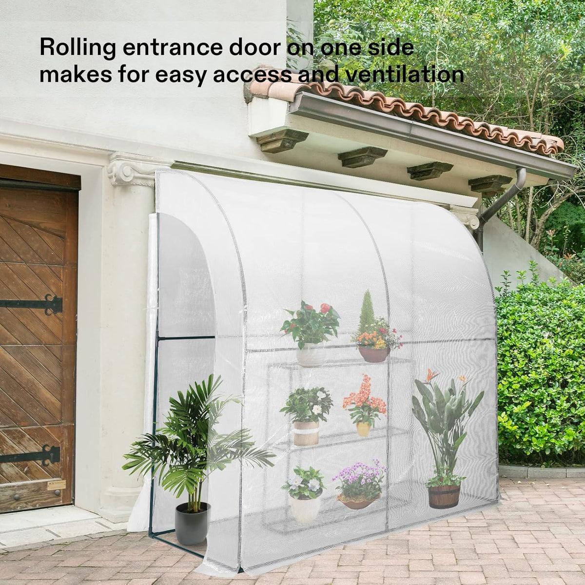 VIVOSUN Mini Lean-to Greenhouse, 6.6’ x 3.3’ x 6.9’ Portable Wall House with White PE Cover and Shelf for Compact Garden 79x39x83-Inch