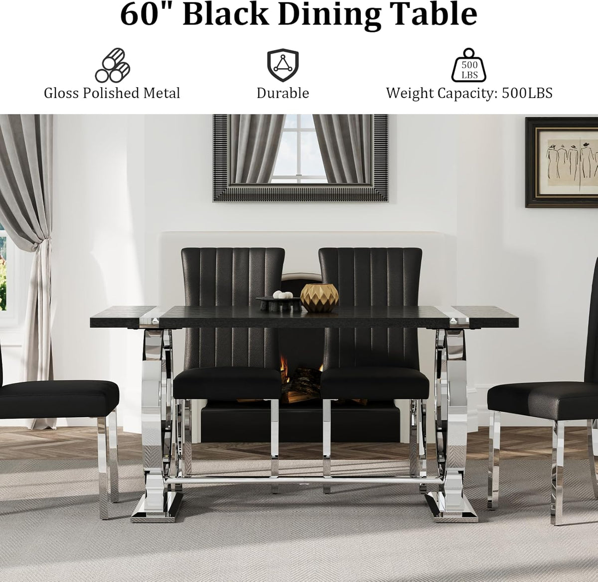 Asday Black Wood Dining Table for 4-6, 60 Inch Modern Luxury Kitchen Table with Silver Polished Stainless Steel Base, Farmhouse Rectangular Dining Room Table for Kitchen, Living Room, Apartment