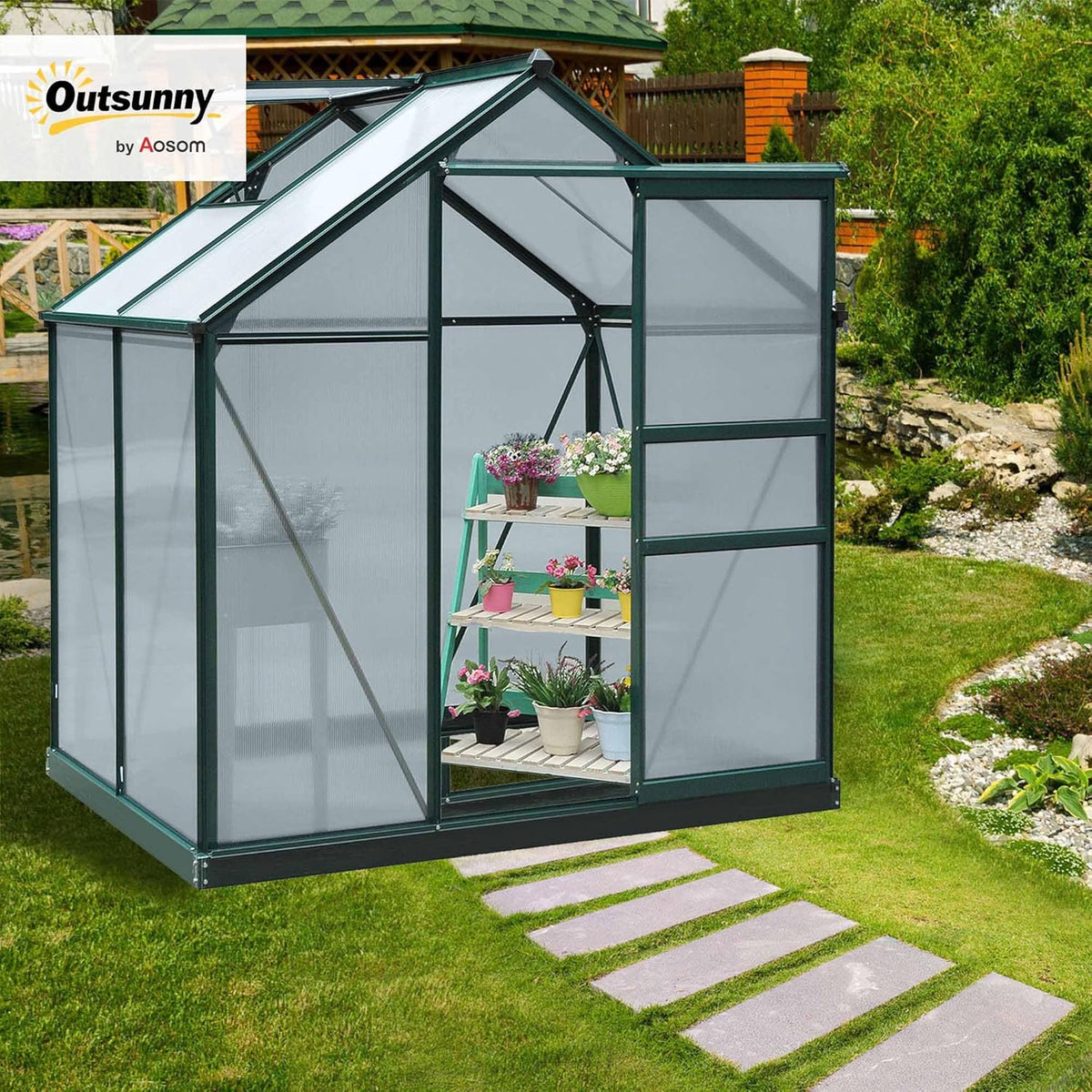 Outsunny 6' x 4' Greenhouse for Outdoors, Polycarbonate Greenhouse with Rain Gutter and Roof Vent, Aluminum Walk-in Green Houses for Outside for Patio Backyard Garden, Dark Green