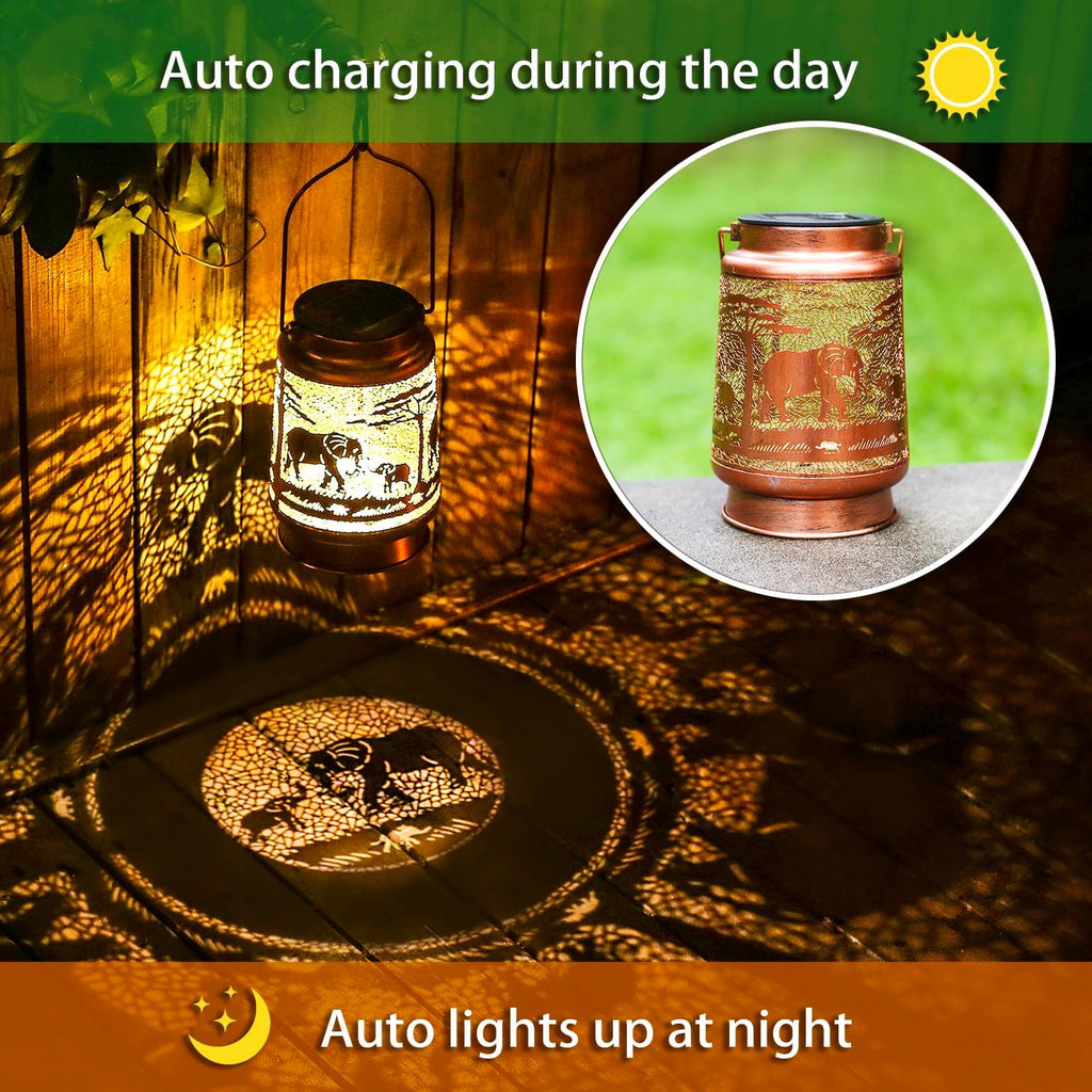 Elephant Solar Lanterns Outdoor Waterproof Hanging Solar Lights Elephant Gifts for Women Men Metal Decorative LED Lanterns for Yard, Patio, Lawn, Tabletop, Pathway, Landscape, Garden Decor