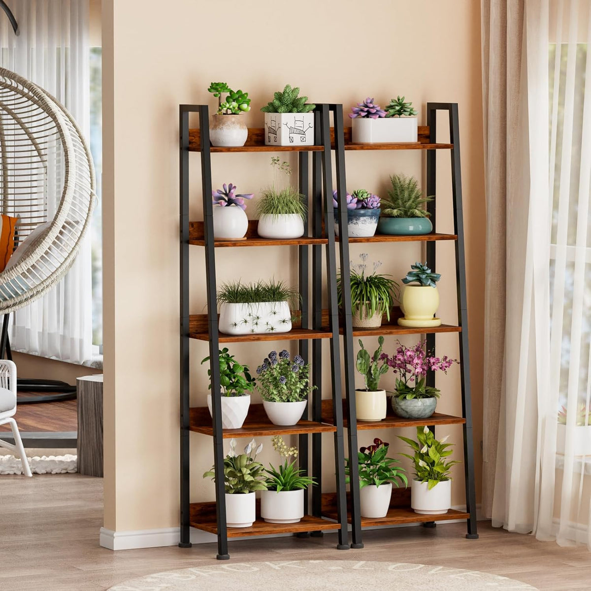 Furologee 5-Tier Ladder Shelf, Ladder Bookshelf with Removable Drawer, Rustic Bookcase Storage Rack Organizer, Wood Metal Freestanding Storage Shelf for Living Room, Home Office, Bedroom, Balcony