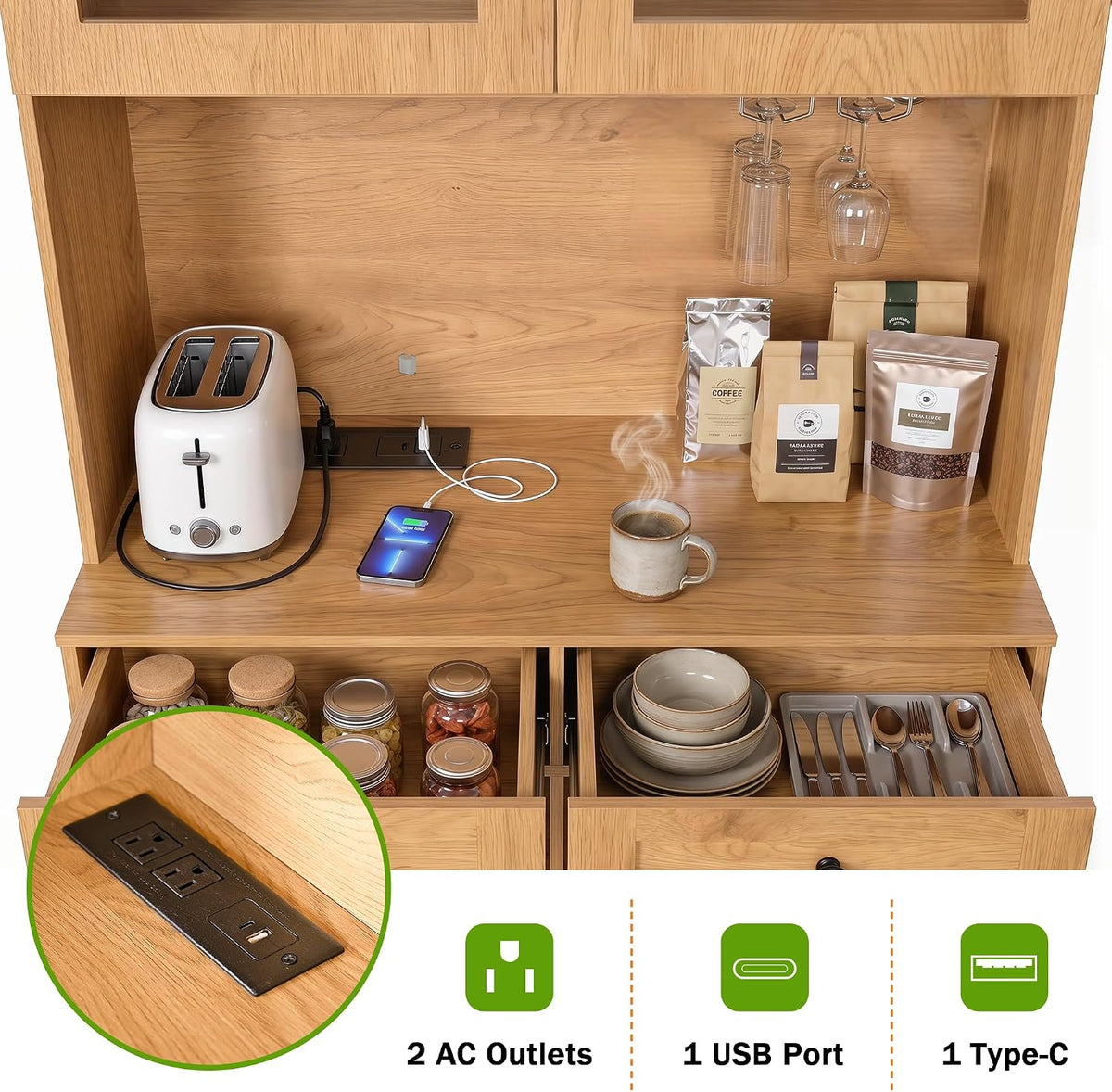 Farmhouse Pantry Cabinet w/Charging Station, Oak | Adjustable Shelves & Open Countertop, Cup Holder & 2 Drawers 75" Tall Arched Coffee Bar for Kitchen Dining Room Living Room