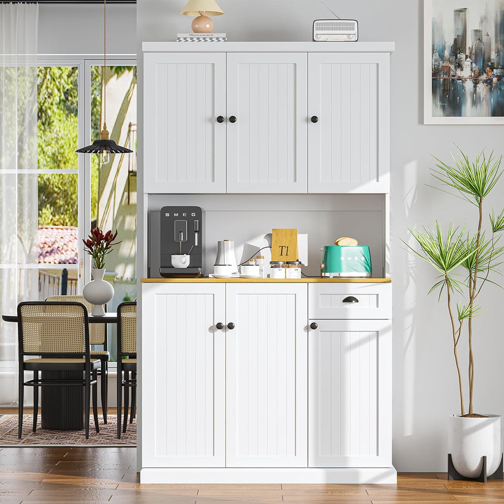 RASOO Buffet Hutch Cabinet Kitchen Sideboard Pantry Cabinet Wood Kitchenware Server Kitchen Storage Microwave Cabinet with 3 Doors Upstairs and 3 Doors downstairs and 1 Drawer, White (R0086)