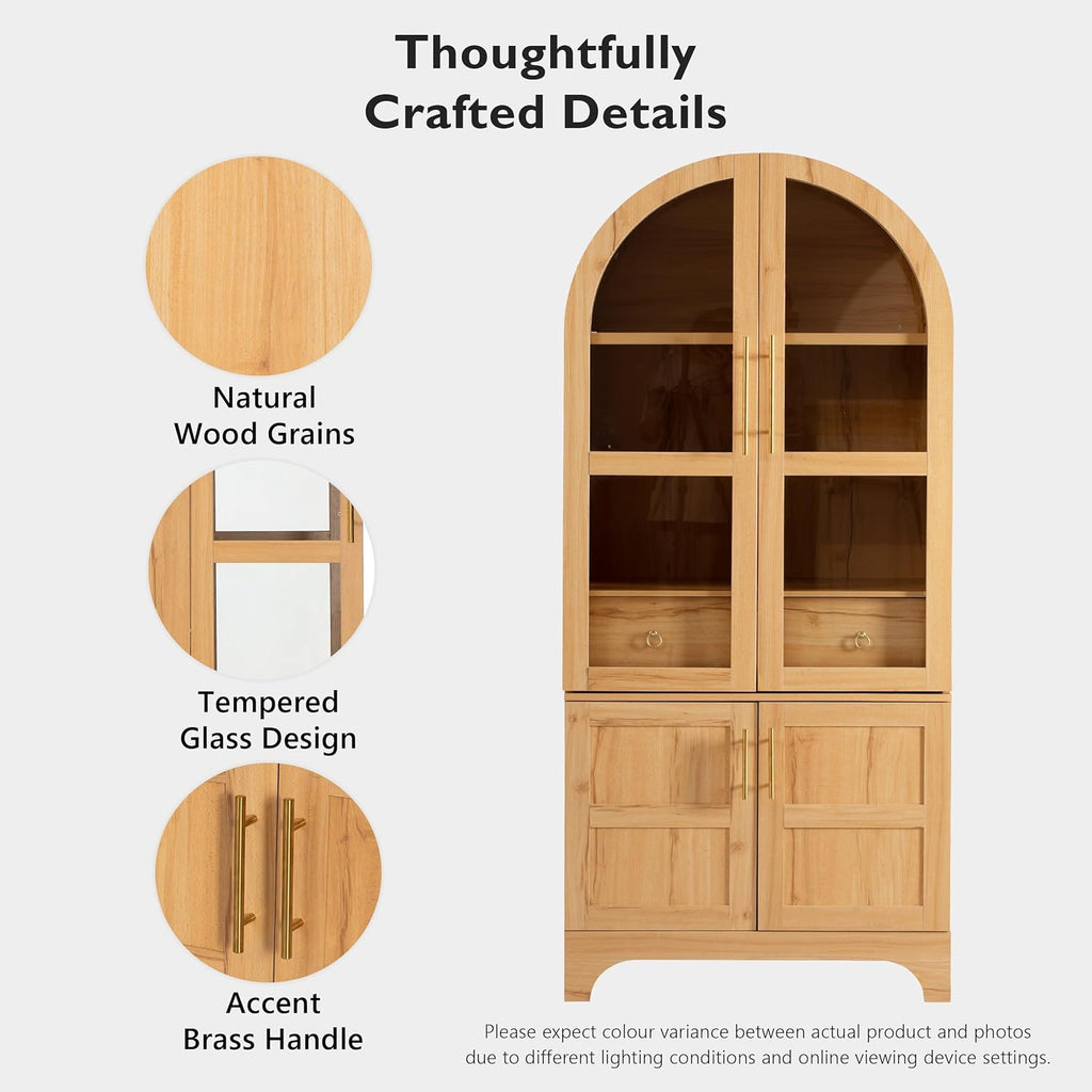 SOFTSEA Arched Kitchen Pantry Cabinet, with Hidden Drawer & Glass Door, 71" Tall Farmhouse Storage Cabinet with Open & Adjustable Shelves, Kitchen Hutch with Door Shelves for Living Room, Natural