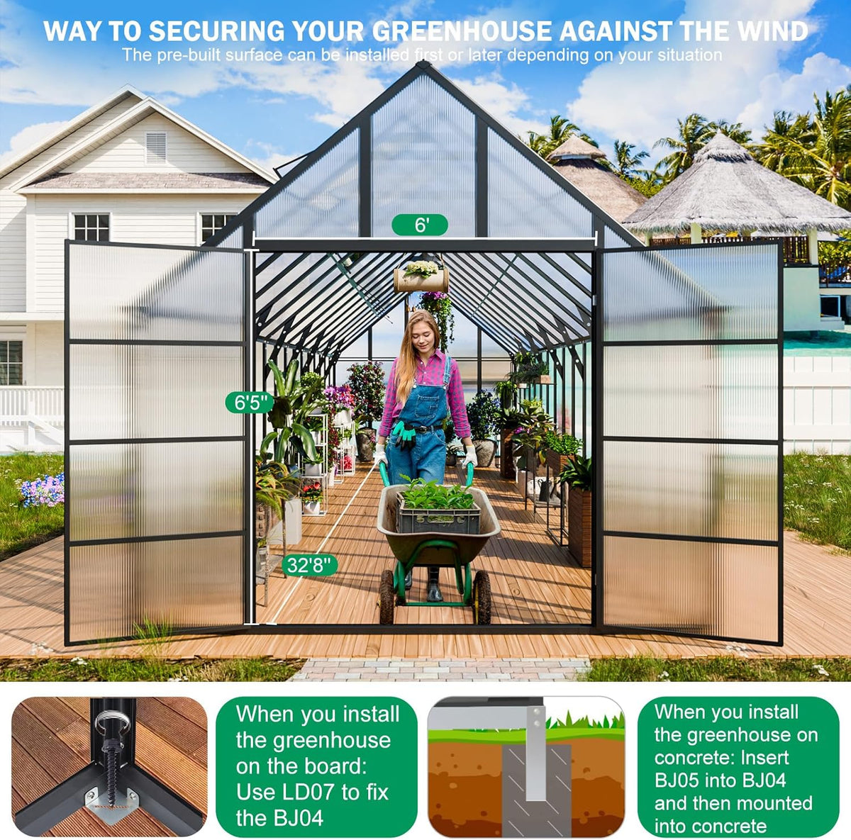 CDCASA 32x10x10 FT Greenhouse for Outdoors, Easy Assembly Large Thicker Aluminum Heavy Duty Polycarbonate Greenhouses Kit w/7 Windows, Outside Sunroom Walk-in Green House for Patio,Backyard