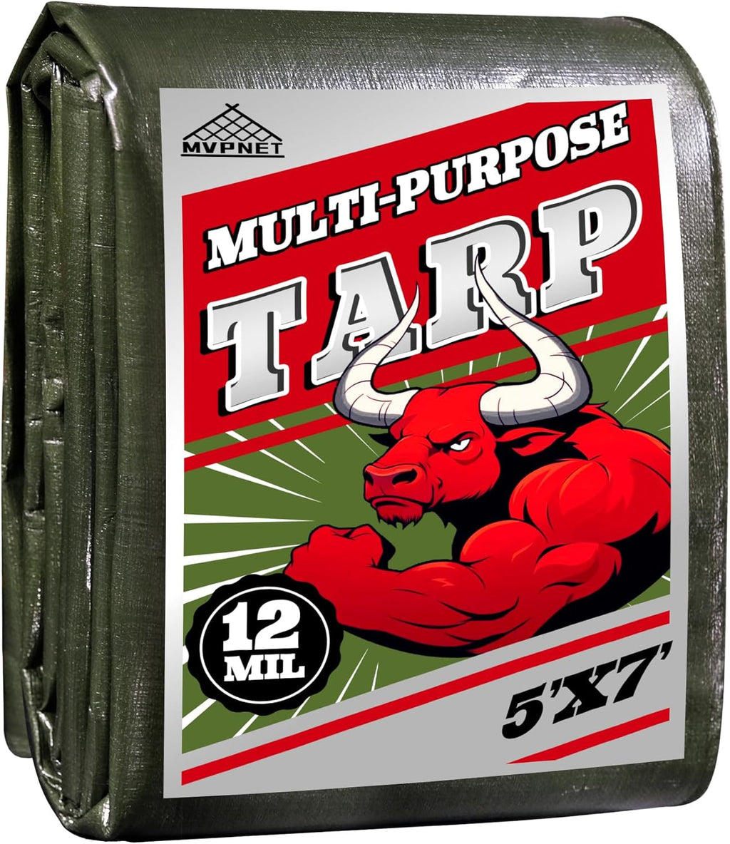 Green/Silver Heavy Duty Waterproof Tarp 5x7FT, 12mil Thick，Multifunctional tarp Whit Tear&Fade Resistant,UV Resistant,with Grommets and Reinforced Edges.