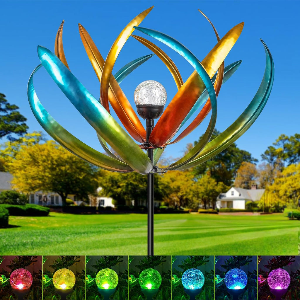 Large Solar Wind Spinners for Yard and Garden-82.6 Inch 360° Metal Wind Sculptures Outdoor Clearance Kinetic Windmills with Multi Color Led Glass Ball