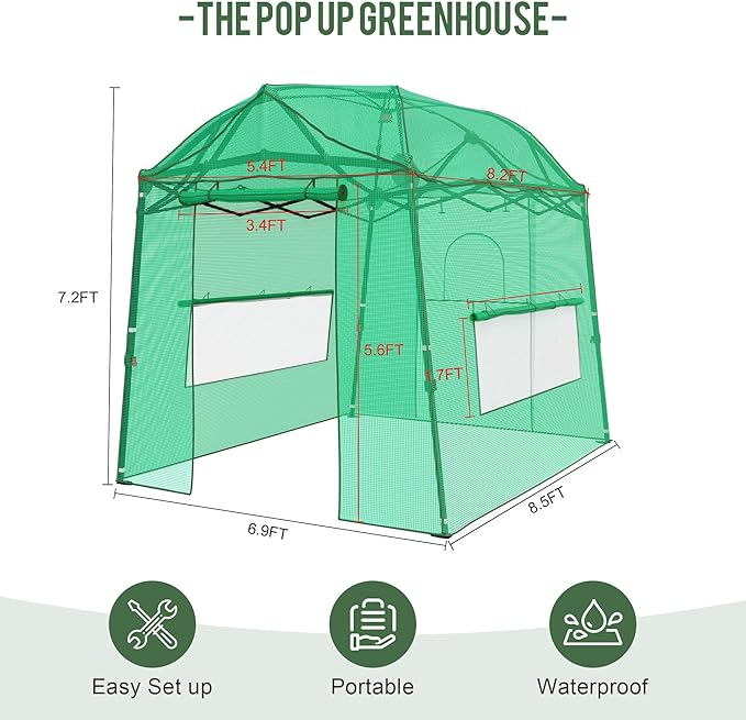 8.5 x 7 FT Walk-in Greenhouse, Portable Pop-up Green House 3 Adjustable Hights Heavy Duty Plant Gardening Canopy with Durable PE Cover for Indoor Outdoor (Clear and Green)
