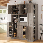 roomfitters Large Kitchen Pantry Cabinet with Pull-Out Side Storage and Hutch, Shaker Style Buffet, Brown