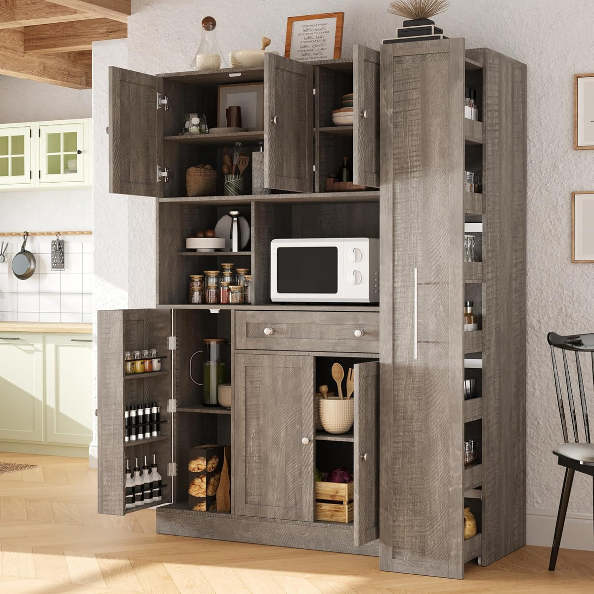 roomfitters Large Kitchen Pantry Cabinet with Pull-Out Side Storage and Hutch, Shaker Style Buffet, Brown