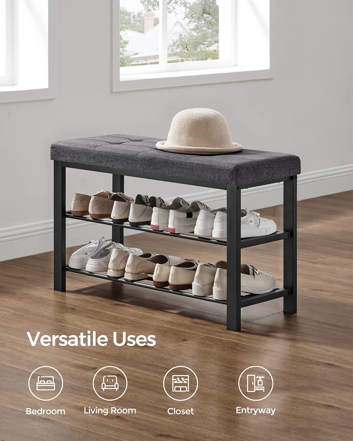 SONGMICS Shoe Bench, Storage Bench, Entryway Bench with Cushion, Shoe Shelf with Seat, Space-Saving, Modern Style, for Living Room, Bedroom, Hallway, Dark Gray and Ink Black ULBS57GYZ