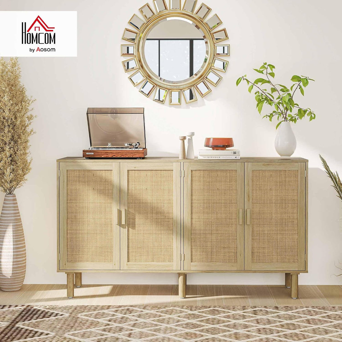 HOMCOM Sideboard Buffet Cabinet, 62" Boho Buffet Table, Rattan Coffee Bar Cabinet with 4 Doors and Shelves for Kitchen, Living Room, Entryway, Natural