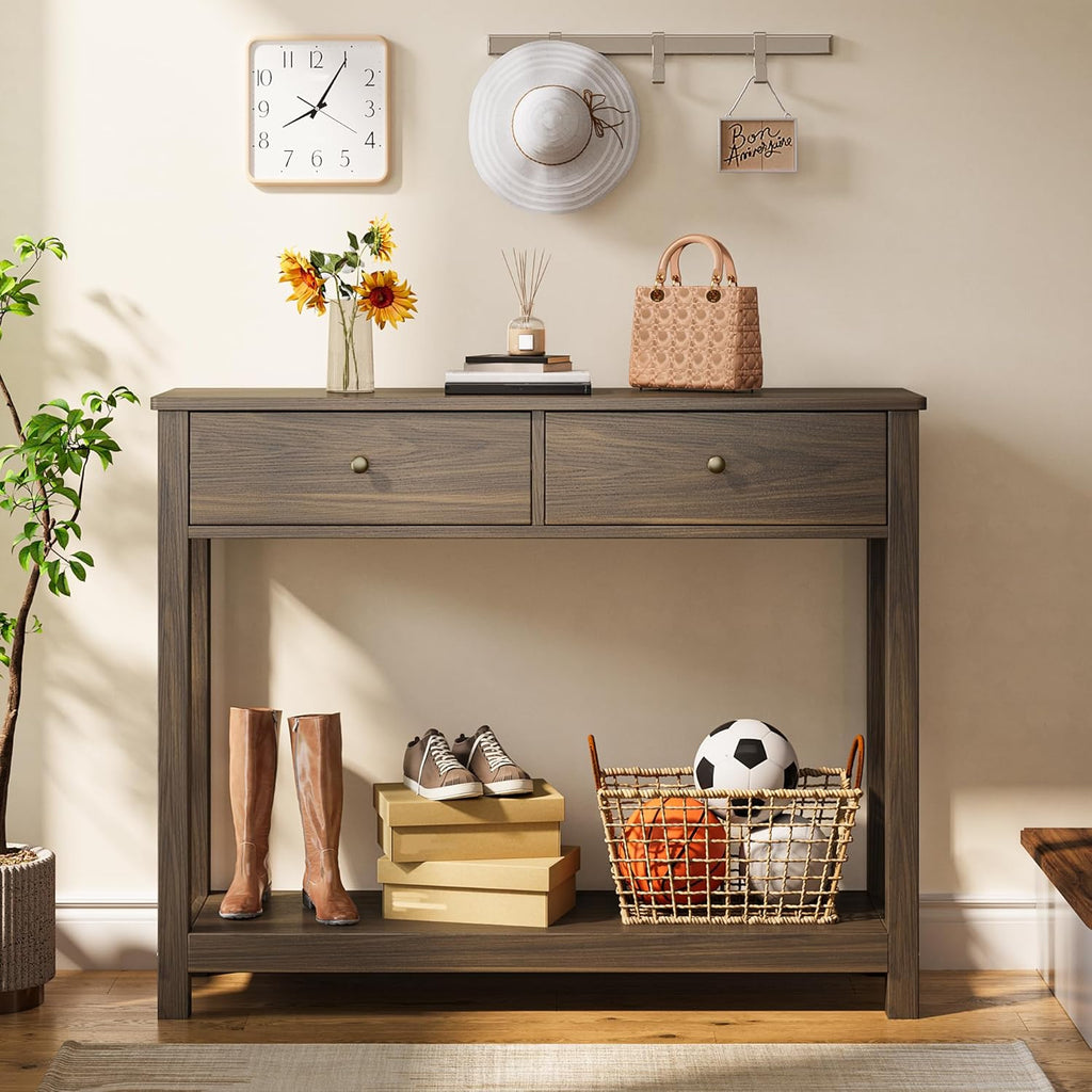 Gizoon Console Table with 2 Drawers, 2-Tier Wood Entryway Table with Storage Shelves, 39" W Wood Accent Sofa Table for Front Hall, Hallway, Living Room, Dark Brown