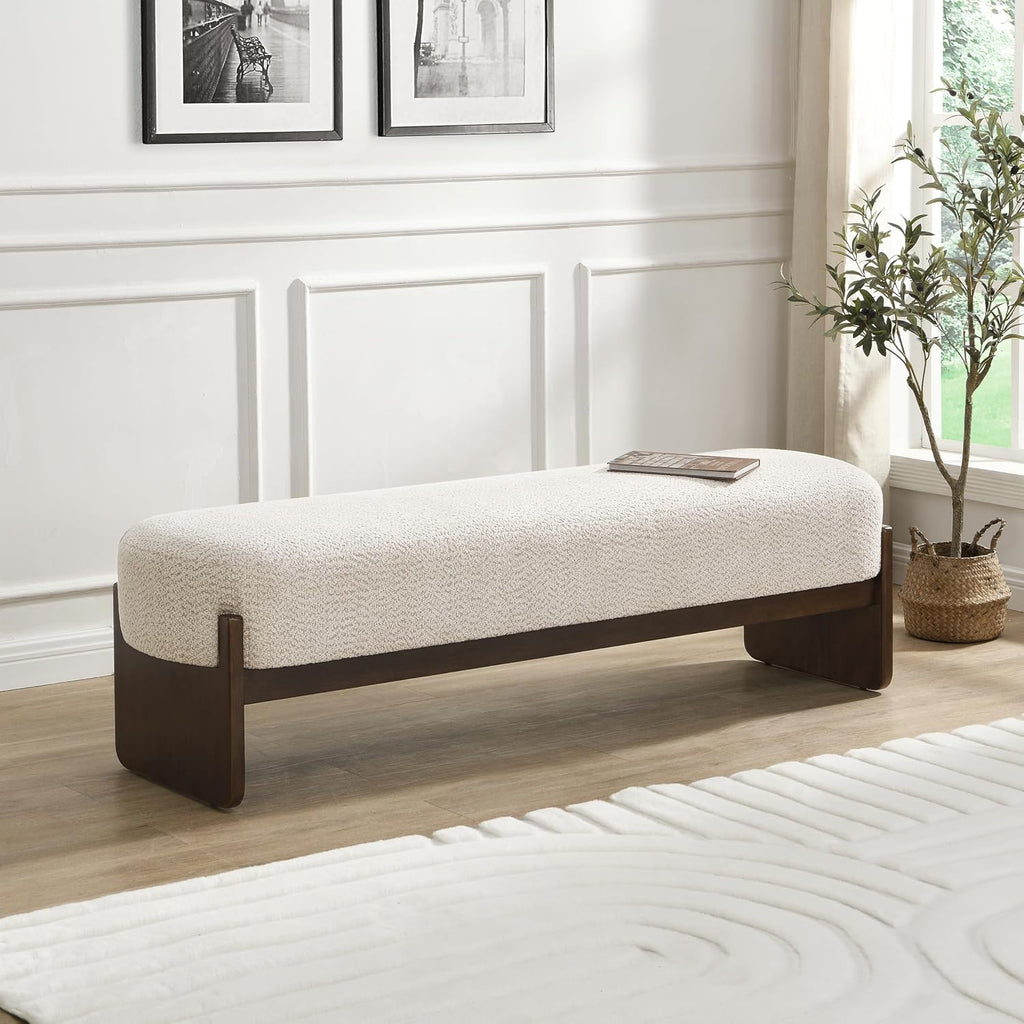 Christopher Knight Home Arden Minimalist Style Rectangular Loop Yarn Fabric Ottoman Bench, Rubberwood Frame, Entryway Bench, Living Room Sofa Extra Seat, End of Bed Footstool, Beige+Brown