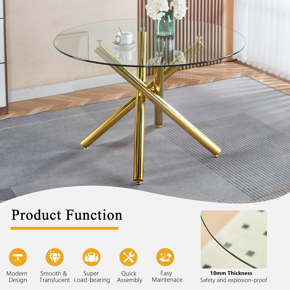 Round Glass Dining Table Set for 4, Small Kitchen Table Set for 4, 47" Circle Gold Glass Dinner Table for 4 with Black Velvet Chairs, 5 Piece Dining Room Table Set for 4 for Breakfast Dinette Cafe