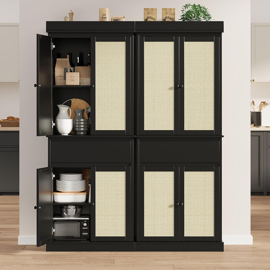 69'' Tall Pantry Cabinet - 4 Rattan Doors, Drawer, and 2 Adjustable Shelves - Freestanding Storage Cupboard for Entryway, Kitchen, Dining Room, Bathroom, or Office,Black