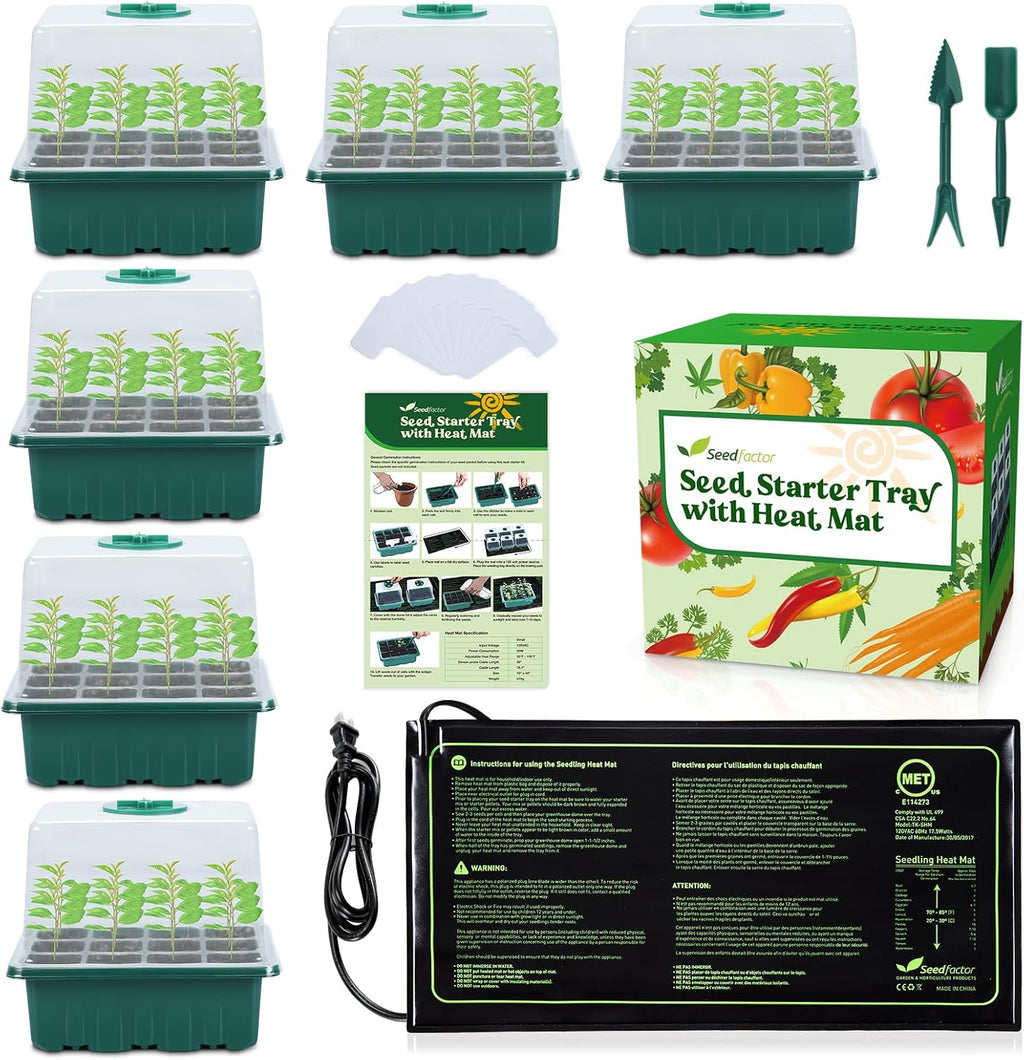 Seedfactor 7-Pack Seed Starter Tray with Heat Mat (12 Cells per Tray), Plant Germination Trays with Adjustable Humidity Dome Seed Trays Seedling Starter with Base Trays for Germination