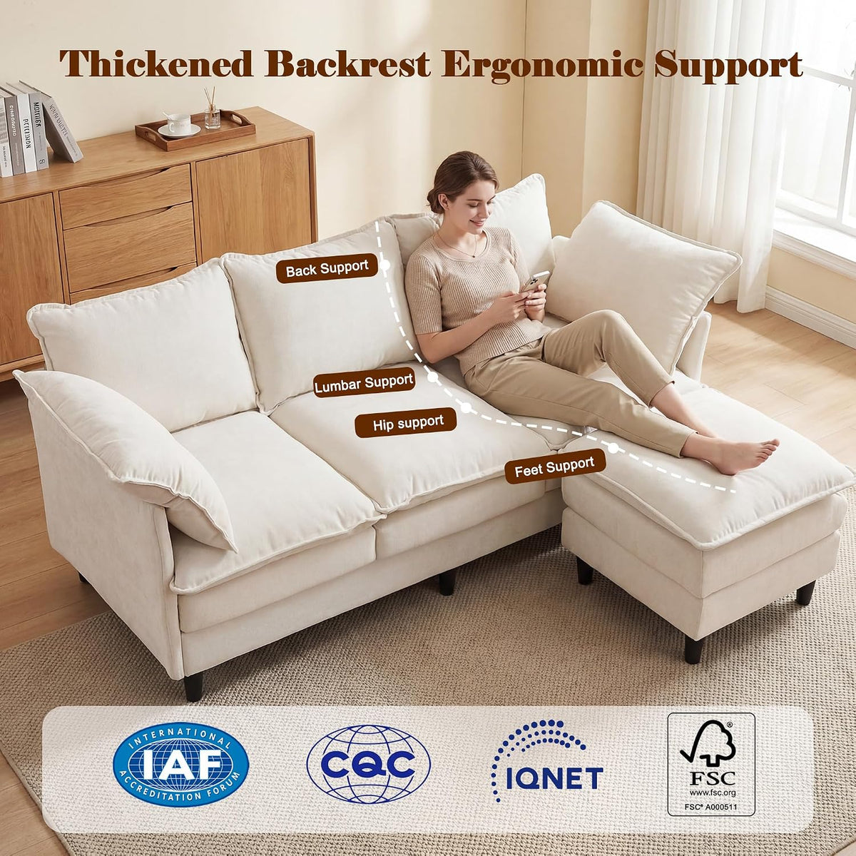 69" Couch Sofa L-Shape 3 Seat with Ottoman, Small Cloud Sofa Double-Layer Cushion 23" Deep Seat Washable Chenille Pillows Couches for Living Room Apartment Office 69-Beige-L