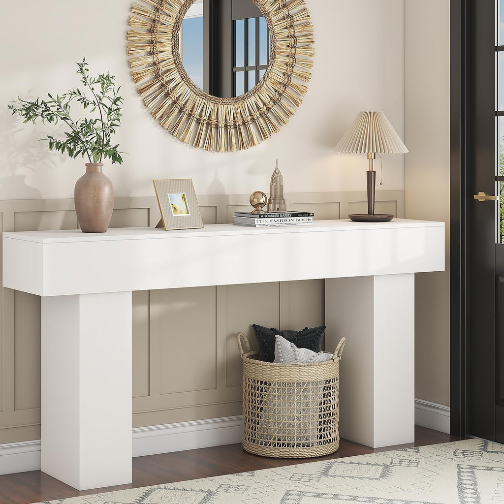 63 Inch Long Console Table for Entryway, Farmhouse Wood Rectangular Sofa Table Behind Couch Table, Narrow Entryway Table for Living Room, Entrance, Hallway, Foyer, Easy Assembly (Classic White)