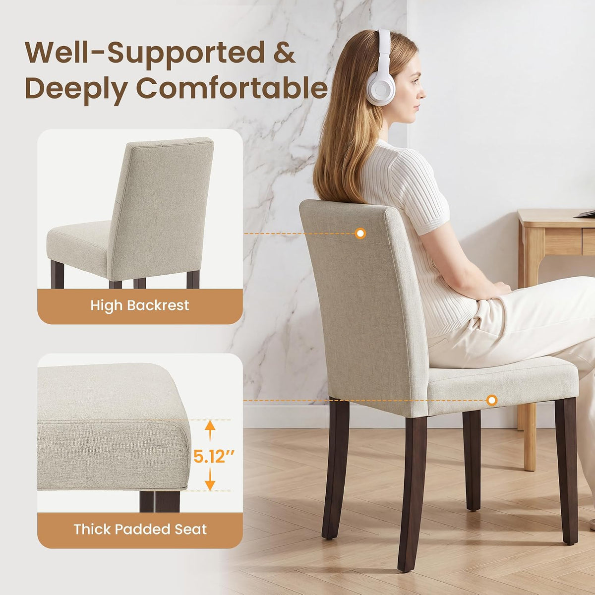 Dining Chairs Set of 2, Parsons Chairs for Small Spaces, Light Beige | Modern Dining Room Chairs with Solid Wooden Legs, Fabric Upholstered Kitchen Chairs for Restaurant & Cafe