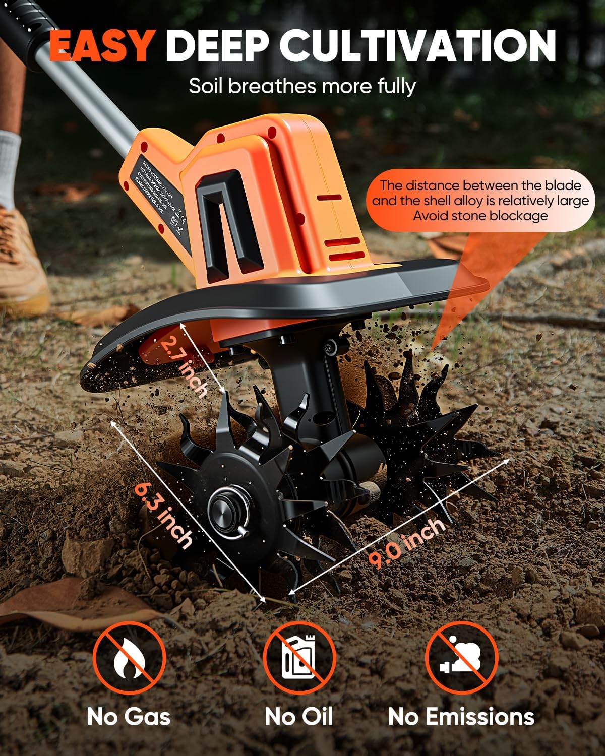 Saker 22V Cordless Electric Garden Tiller Cultivator, Rototiller for Gardening with 3 Adjustable Speed, 9-Inch Tilling Width, 6.3-Inch Depth for Soil Preparation, Weeding, and Gardening SK-TC18A