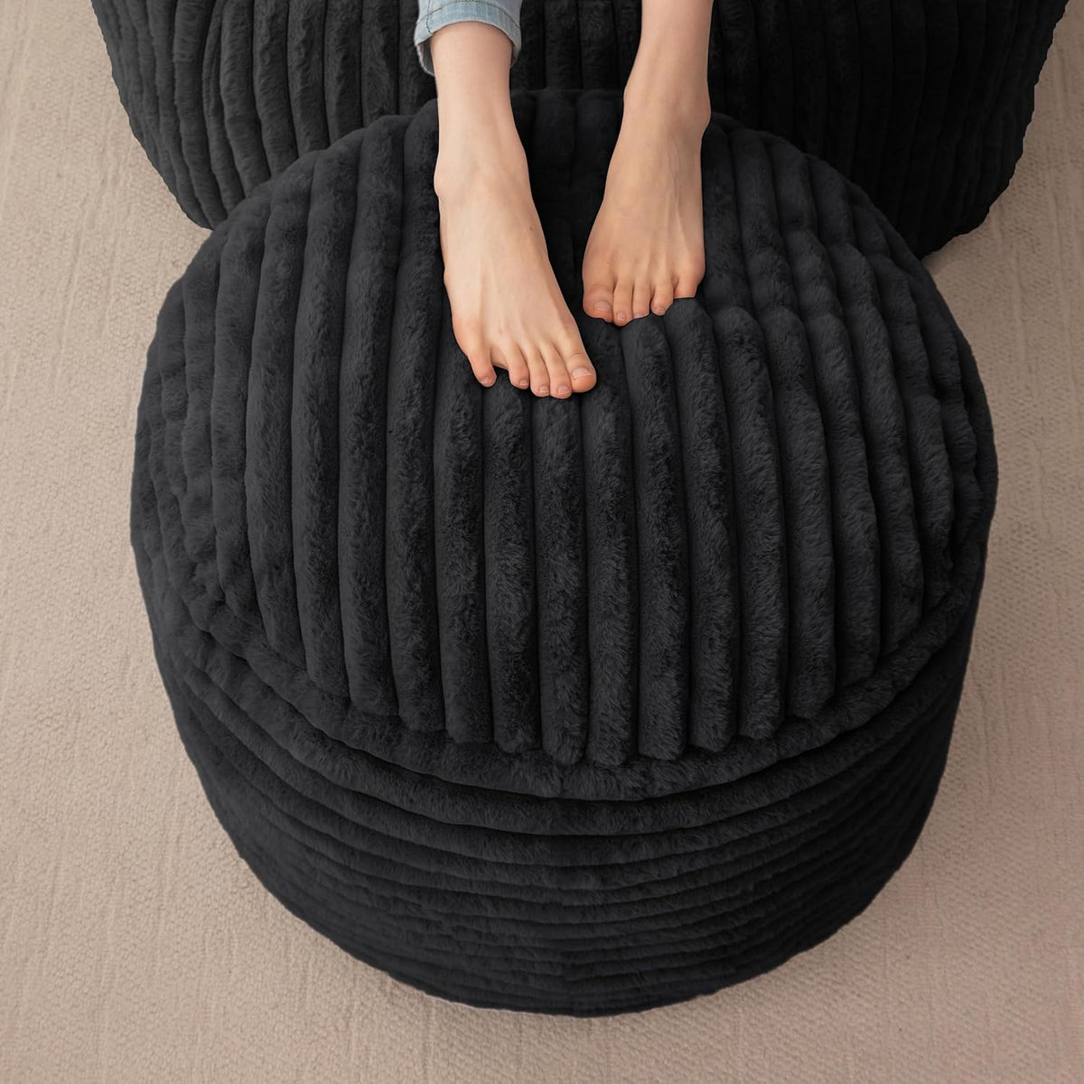 HIGOGOGO Round Stuffed Pouf Ottoman, Corduroy Poufs with High-Density Foam Filling, Furry and Fluffy Pouf Foot Stool Storage Ottoman, 20 X 15 Floor Poufs Foot Rest for Living Room, Black