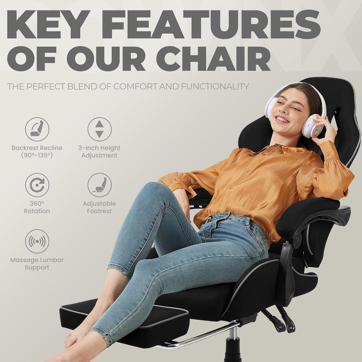 Dowinx Gaming Chair Fabric with Pocket Spring Cushion, Massage Game Chair Cloth with Headrest, Ergonomic Computer Chair with Footrest 290LBS, Black