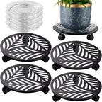 4 Packs Large Metal Plant Caddy with 3 PU Wheels 12" Heavy-duty Wrought Iron Rolling Plant Stands Indoor Outdoor Wheeled Plant Dolly Planter Mover Rollers Plant Trolley Cart, Plant Saucers Included