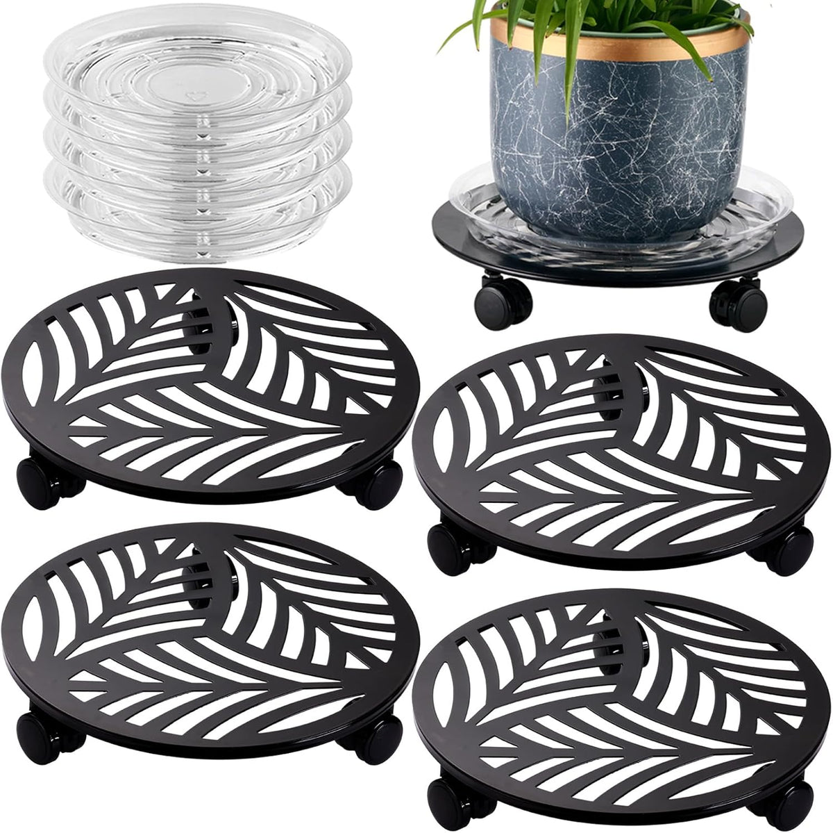 4 Packs Large Metal Plant Caddy with 3 PU Wheels 12" Heavy-duty Wrought Iron Rolling Plant Stands Indoor Outdoor Wheeled Plant Dolly Planter Mover Rollers Plant Trolley Cart, Plant Saucers Included