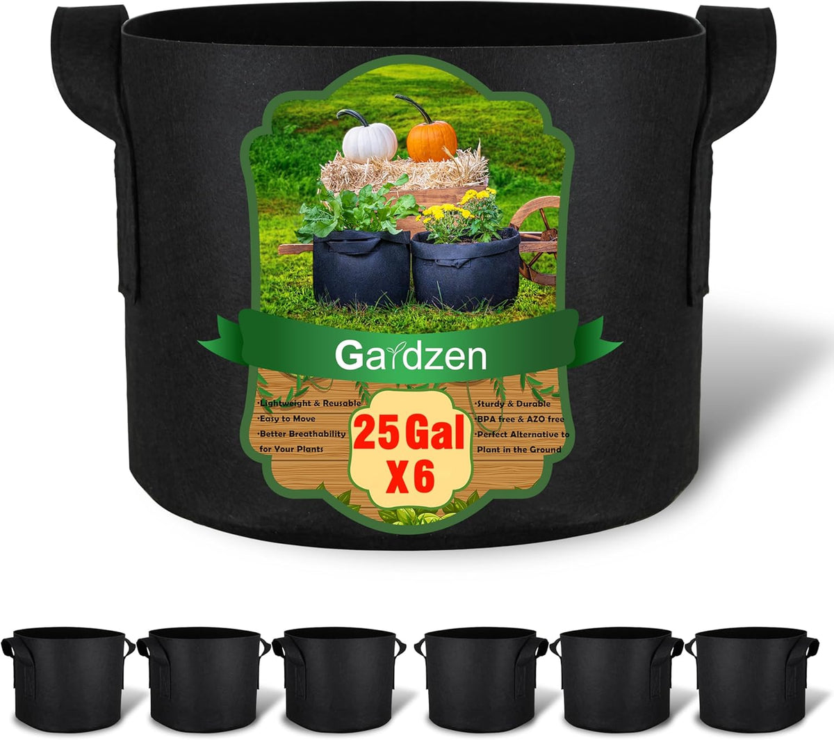 Gardzen 6-Pack 25 Gallon Grow Bags, Aeration Fabric Pots with Handles, Heavy Duty Cloth Pots for Plants