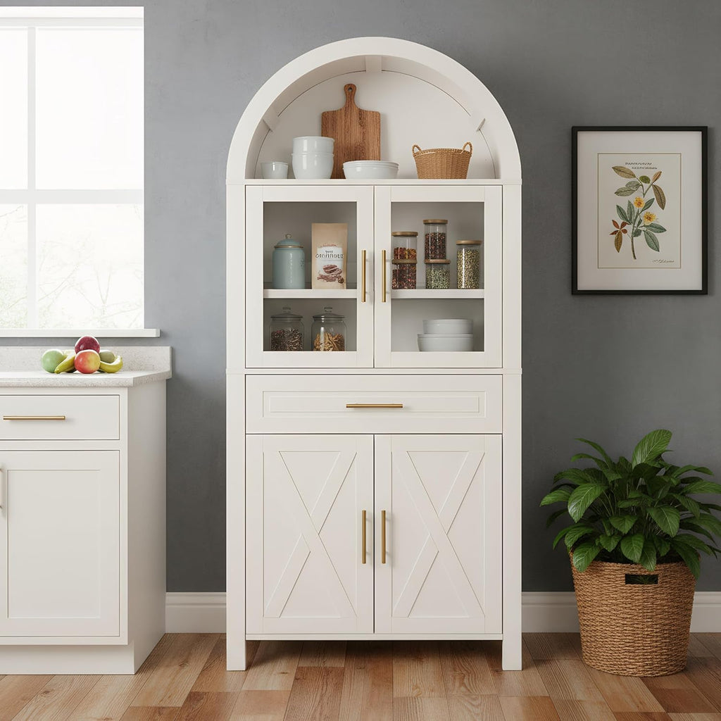 SOFTSEA Arched Kitchen Pantry Cabinet with Glass Door, 71" Tall Cupboard Cabinet with Adjustable Shelves & Barn Door, Farmhouse Kitchen Hutch with Drawer for Dining Room, White