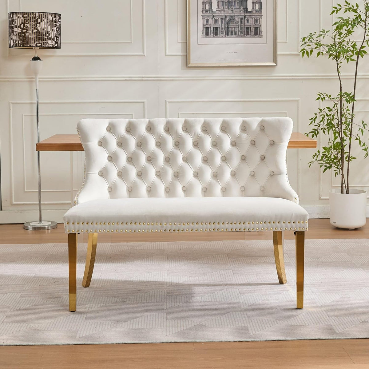 Velvet Double Upholstered Dining Bench with Wing Back, Small Loveseat Sofa Couch, Tufted Upholstered 2-Seat Design, Glod Stainless Steel Legs, for Dining Room, Kitchen, or Entryway, Beige