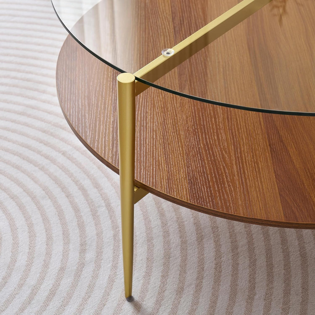 Extra Large Round Coffee Table, Mid-Century Modern Design, D34 x H17 in, for Living Room, 2-Tier Structure, Clear Glass Top and Walnut MDF Shelf, Sleek Conical Metal Legs with Gold Finish
