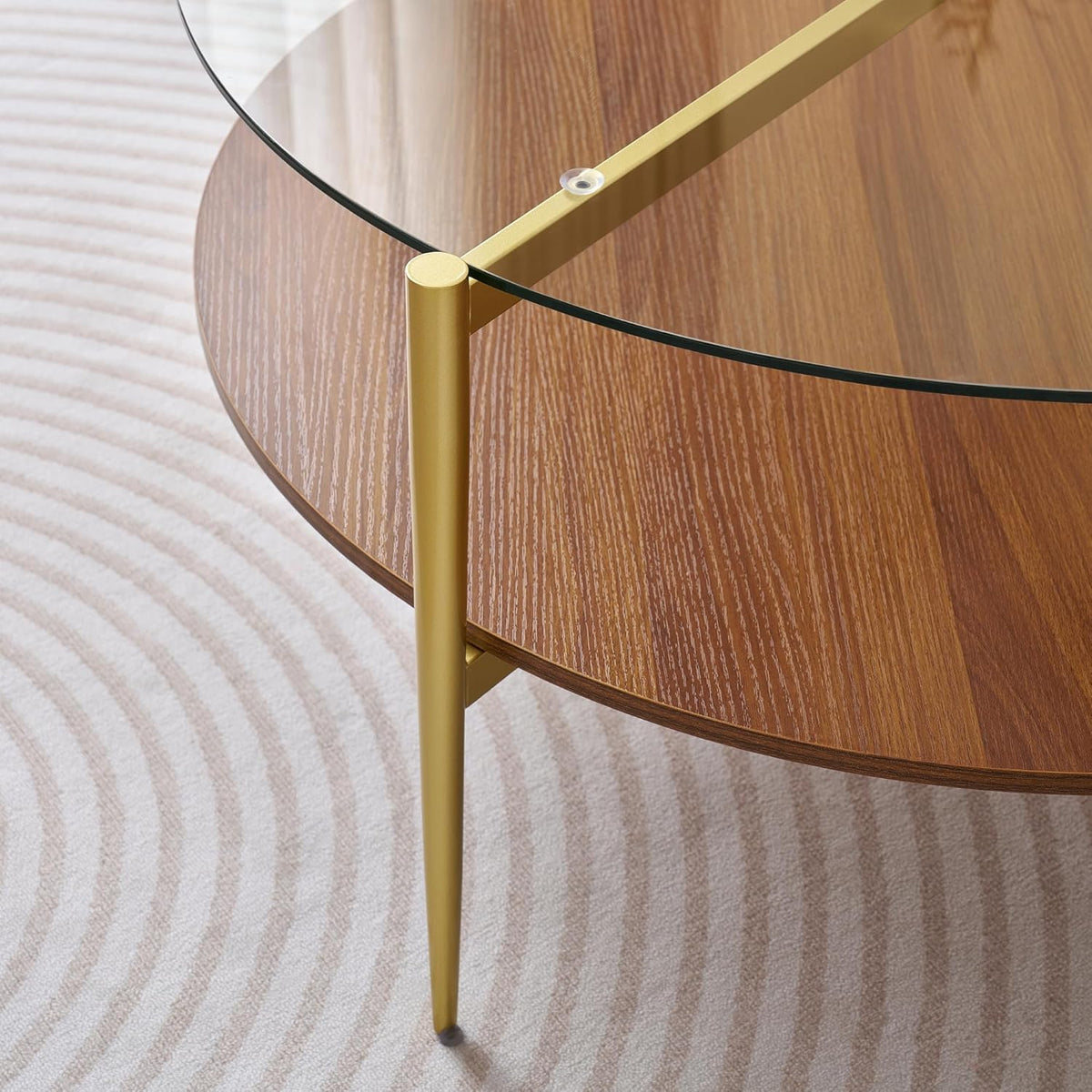 Extra Large Round Coffee Table, Mid-Century Modern Design, D34 x H17 in, for Living Room, 2-Tier Structure, Clear Glass Top and Walnut MDF Shelf, Sleek Conical Metal Legs with Gold Finish